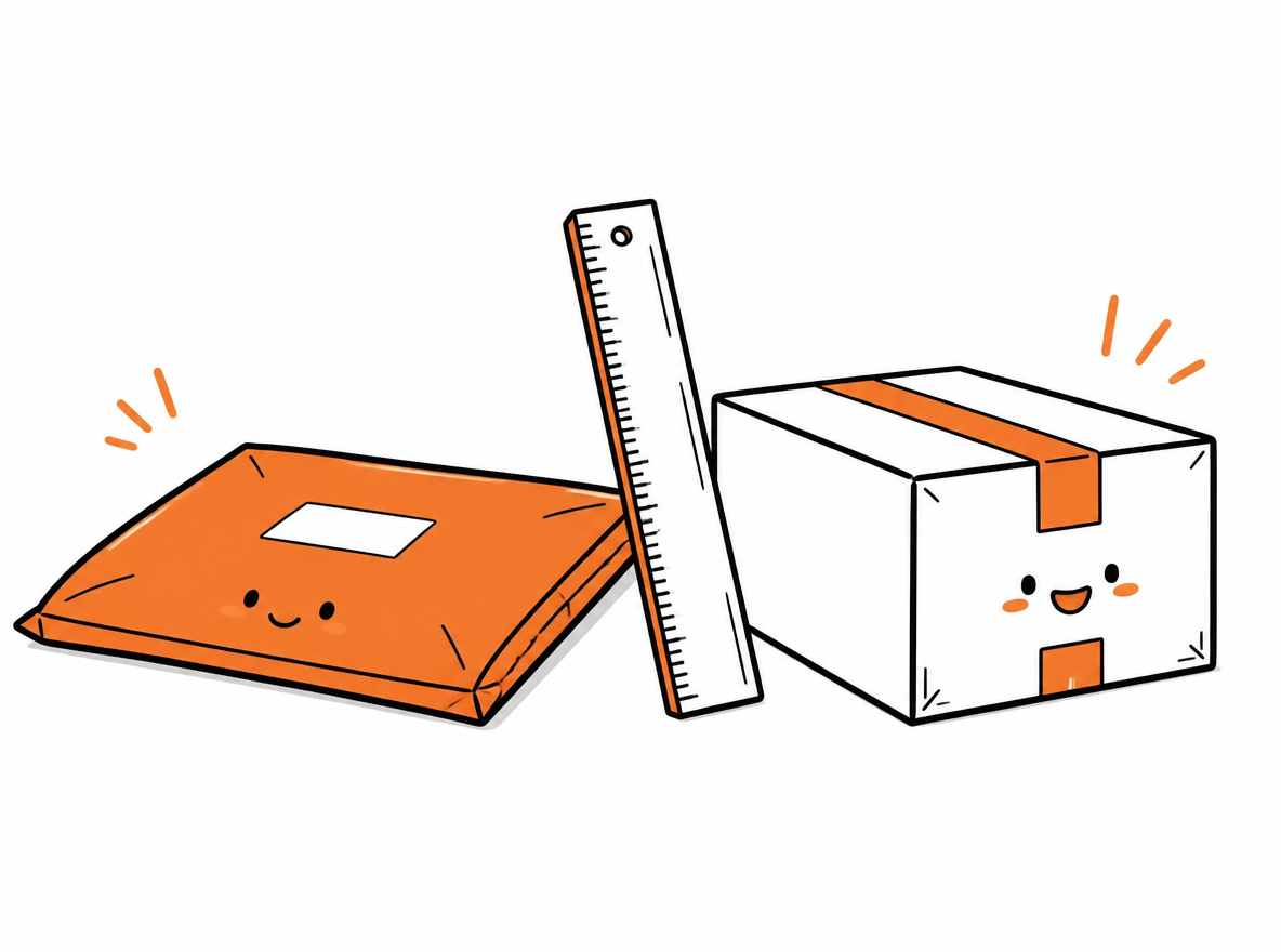 A padded envelope and small box side by side with a ruler for comparison.