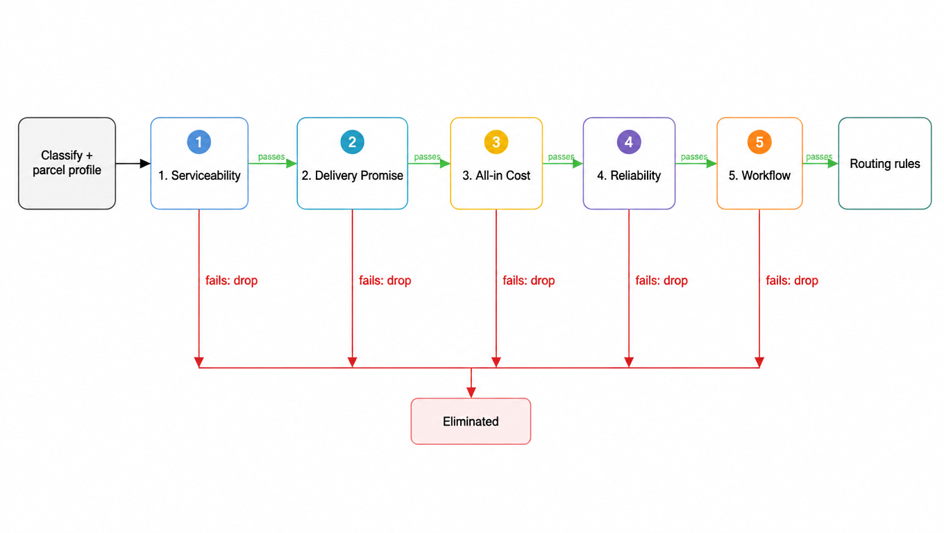 Five-gate flow: classify and build a parcel profile, then gate one serviceability, fail means eliminated, pass means gate two delivery promise, fail means eliminated, pass means gate three all-in cost, fail means eliminated, pass means gate four reliability, fail means eliminated, pass means gate five workflow, fail means eliminated, pass means routing rules
