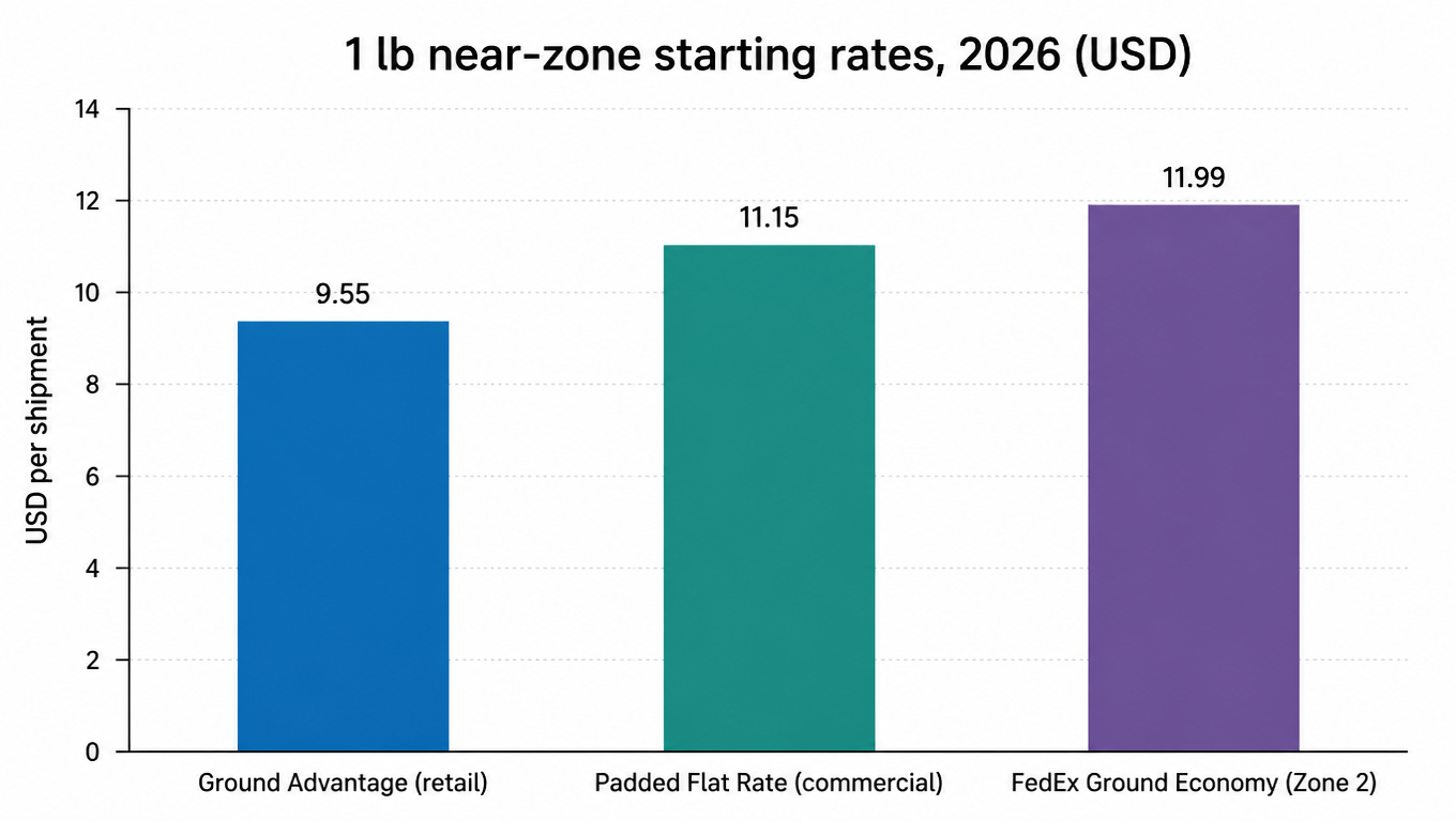 Bar chart: 1 lb near-zone starting rates 2026 (USD), Ground Advantage retail 9.55, Padded Flat Rate commercial 11.15, FedEx Ground Economy Zone 2 11.99