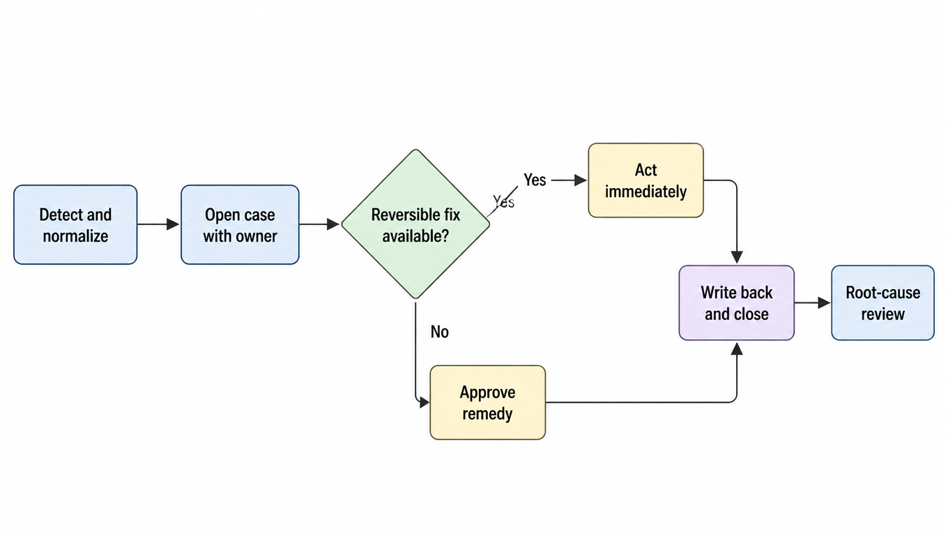 Exception lifecycle diagram: detect and normalize, open a case with an owner, decide whether a reversible fix exists, act or approve a remedy, write back and close, then review root cause