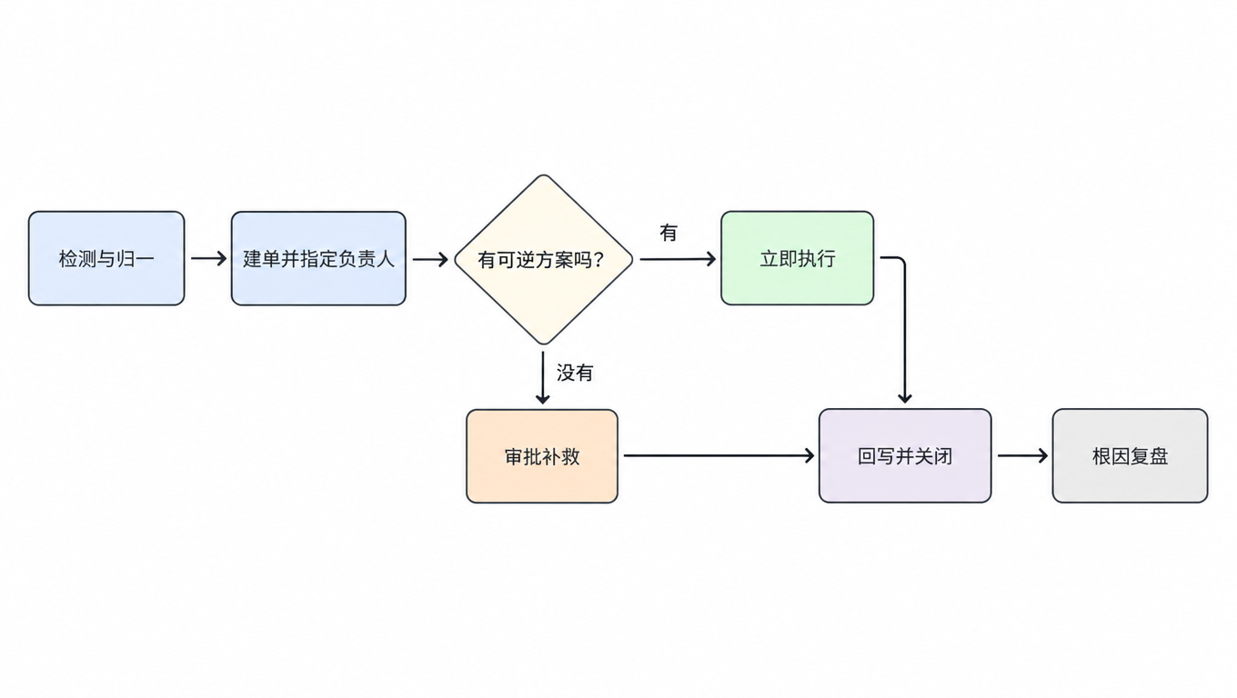 异常处理闭环示意图:检测与归一、建单并指定负责人、判断是否有可逆方案、执行或审批、回写并关闭、根因复盘