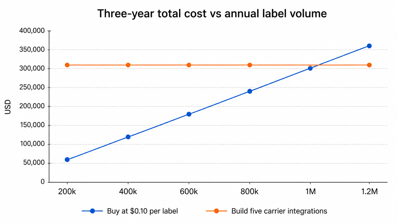 Line chart of three-year total cost vs annual label volume: buy at $0.10 per label grows with volume, build five carrier integrations plus maintenance is flat at about $310K, breakeven around one million labels per year