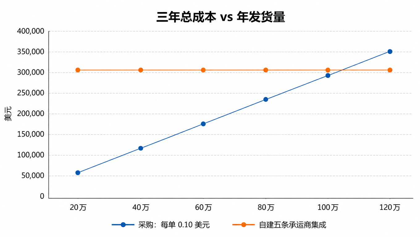 三年总成本 vs 年发货量折线图:按单 0.10 美元的采购成本随量增长,自建五条集成加维护约 31 万美元持平,盈亏平衡点在每年约 100 万单