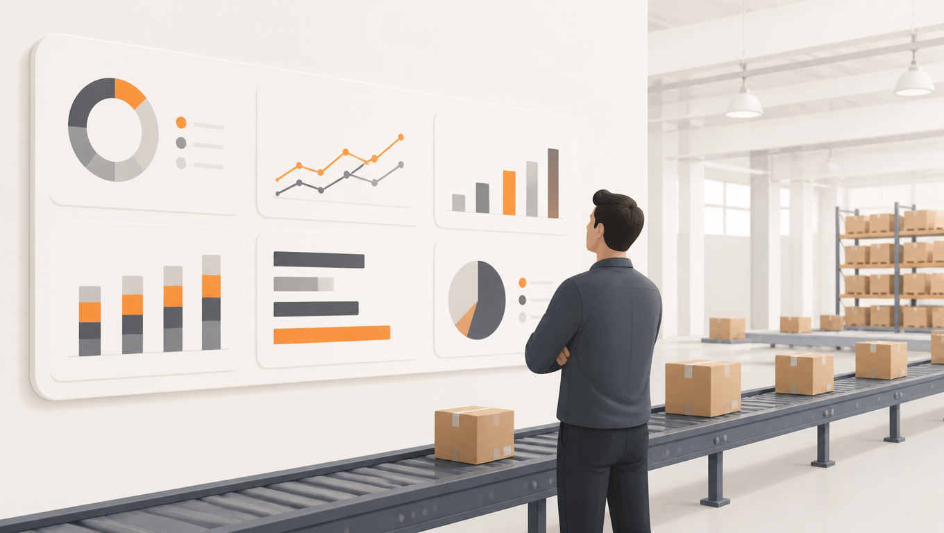 A warehouse operations manager in a bright modern 3PL facility reviews carrier shipping options shown as charts on a large wall dashboard while labeled parcels move along a conveyor behind them