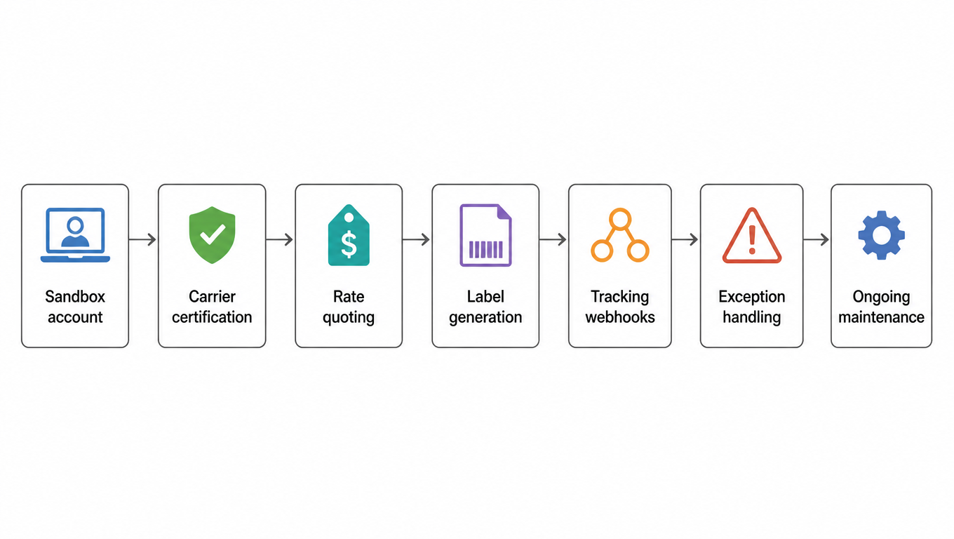 Flow diagram of one carrier integration: sandbox account, carrier certification, rate quoting, label generation, tracking webhooks, exception handling, ongoing maintenance