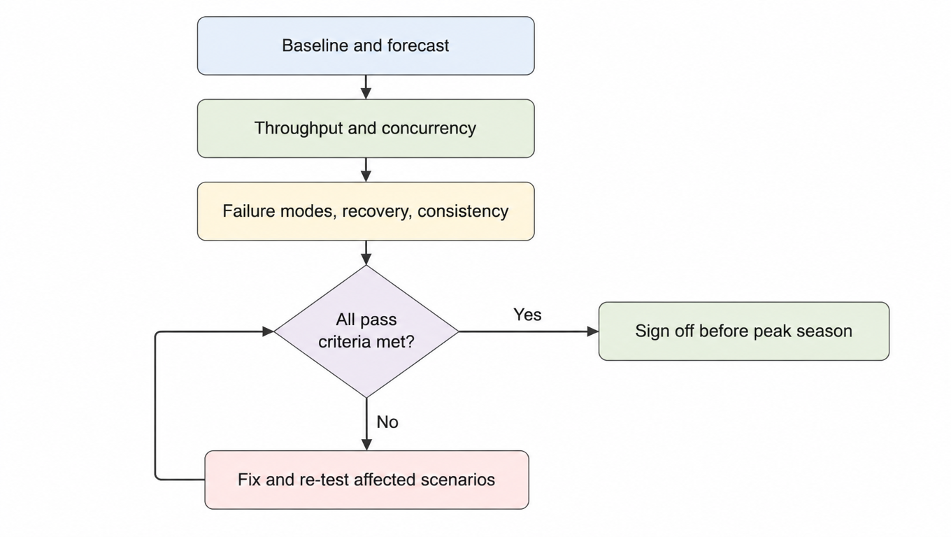 Flowchart: Baseline and forecast, throughput and concurrency, failure modes and recovery and consistency, all pass criteria met? Yes: sign off before peak season; No: fix and re-test affected scenarios