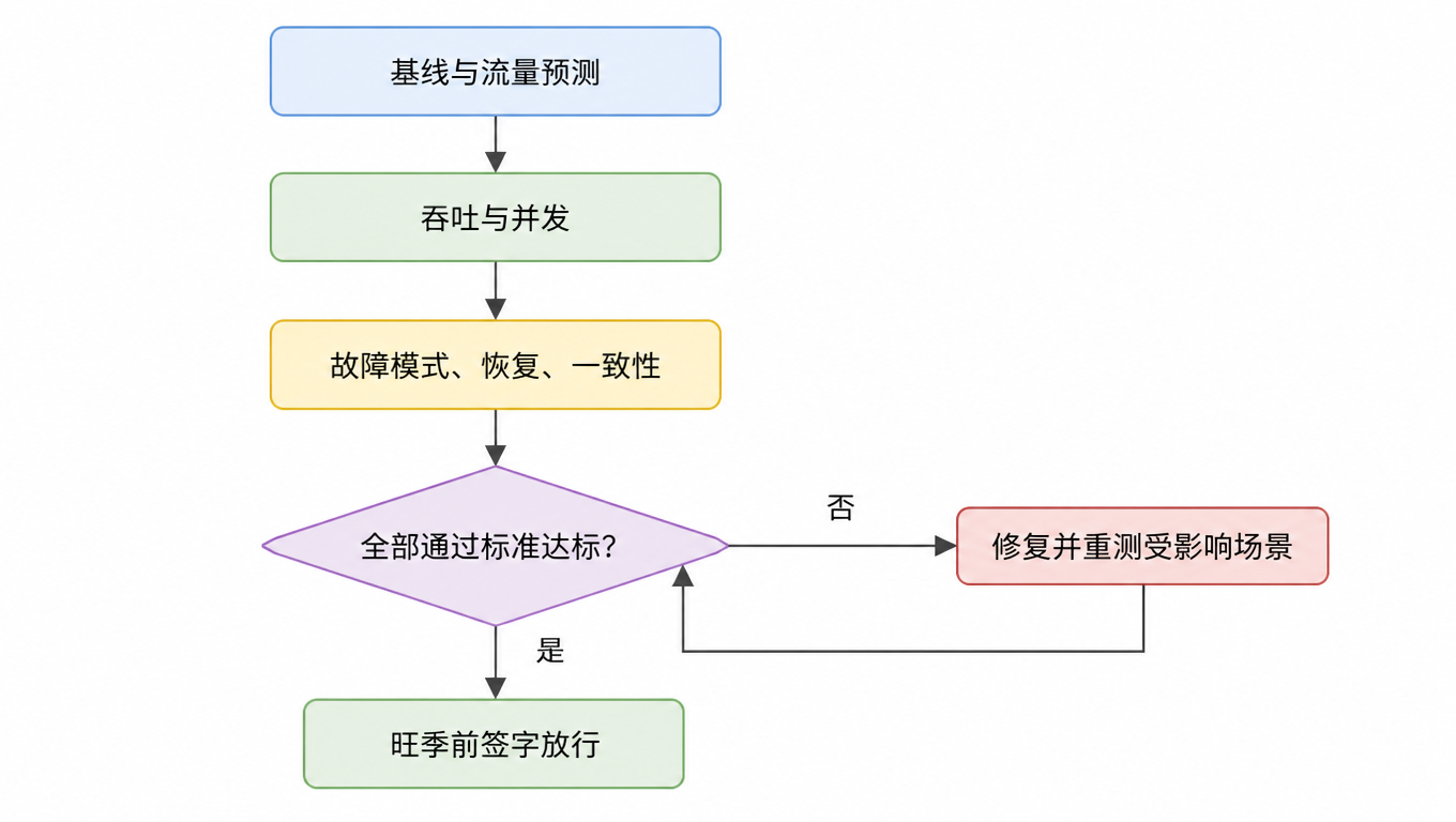 流程图:基线与流量预测 → 吞吐与并发 → 故障模式、恢复、一致性 → 全部通过标准达标?是:旺季前签字放行;否:修复并重测受影响场景