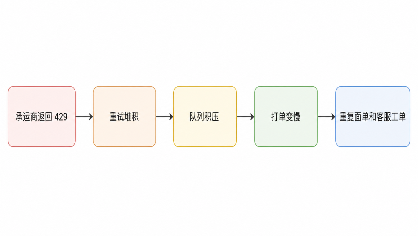 流程图:承运商返回 429 → 重试堆积 → 队列积压 → 打单变慢 → 重复面单和客服工单