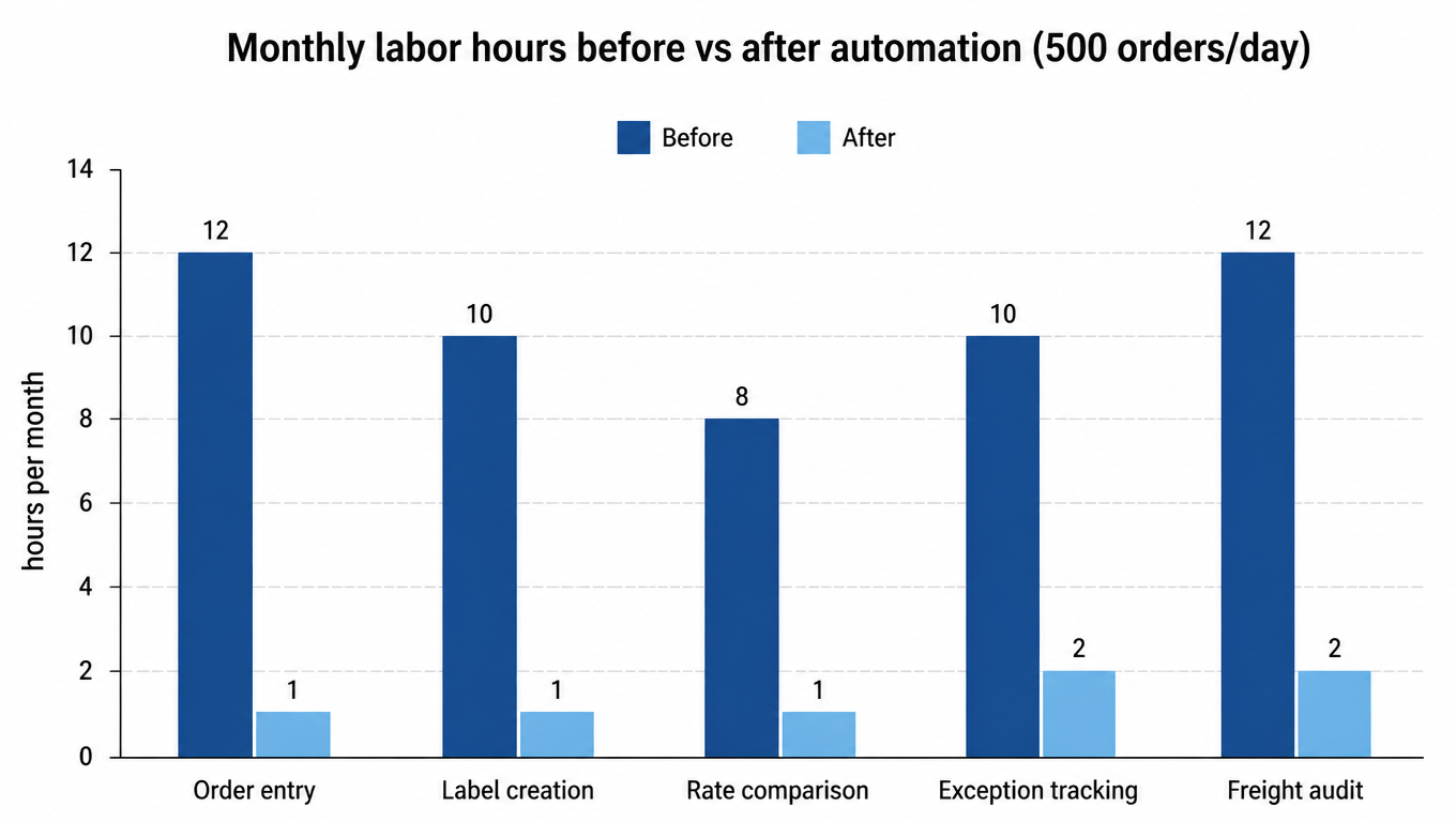 Bar chart of monthly labor hours before vs after automation: order entry 12 to 1, label creation 10 to 1, rate comparison 8 to 1, exception tracking 10 to 2, freight audit 12 to 2