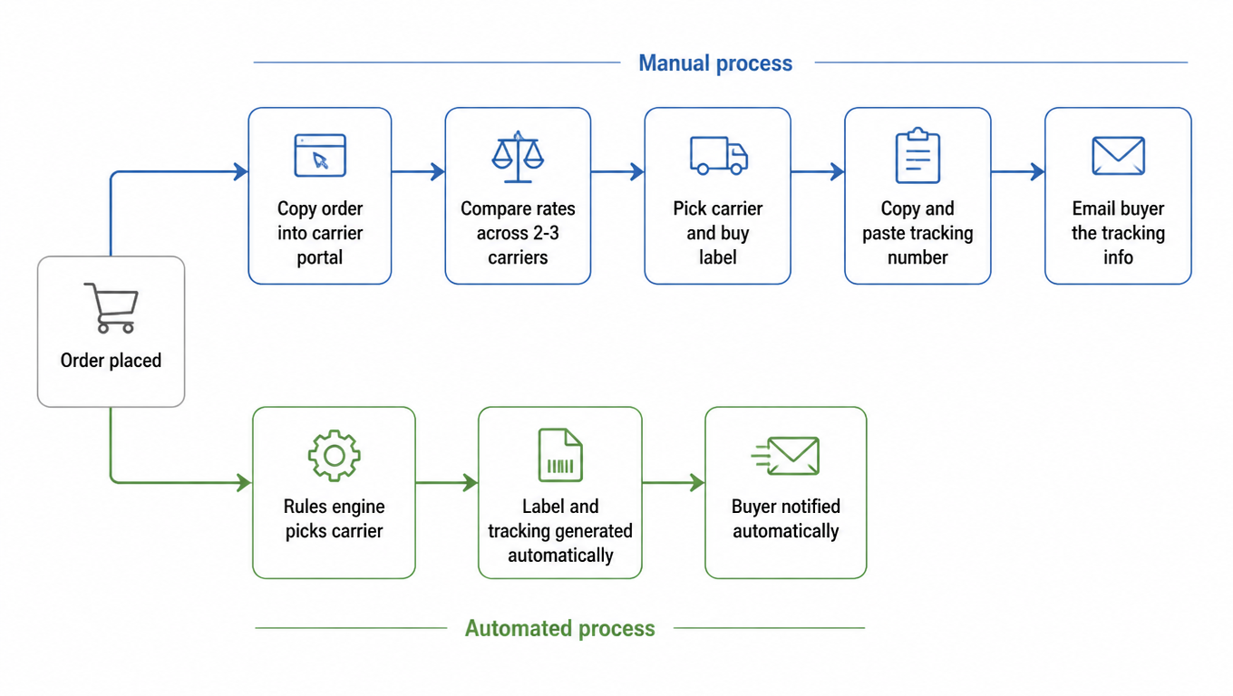 Flow diagram: the manual path copies the order into the carrier portal, compares rates across 2-3 carriers, picks a carrier and buys a label, copies and pastes the tracking number, then emails the buyer; the automated path has the rules engine pick the carrier, generate the label and tracking automatically, and notify the buyer automatically