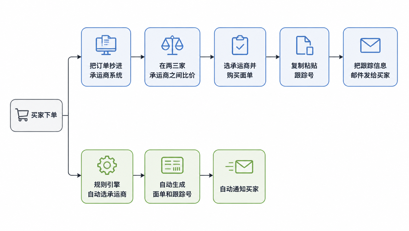 流程图:人工路径是下单后把订单抄进承运商系统、在两三家承运商之间比价、选承运商买面单、复制粘贴跟踪号、邮件告知买家;自动化路径是规则引擎选承运商、自动生成面单和跟踪号、自动通知买家