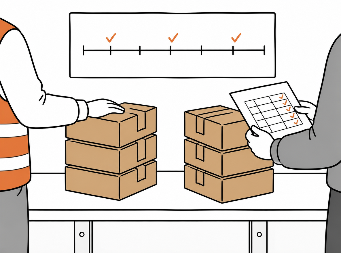 Editorial illustration of two stacks of identical parcels compared on a warehouse bench, with a printed table of figures and a tick-mark timeline board behind.