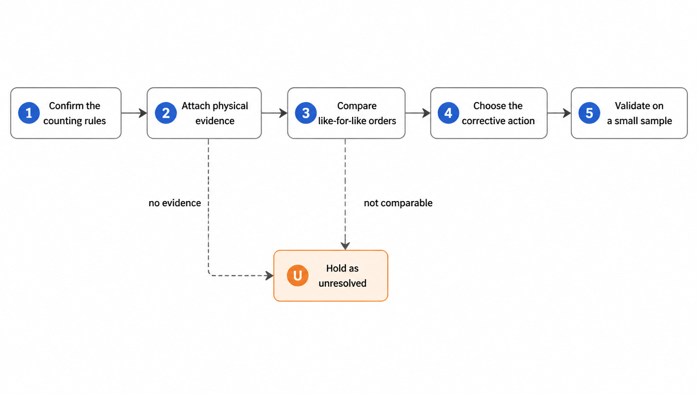 Flowchart: confirm the counting rules, attach physical evidence, compare like-for-like orders, choose the corrective action, validate on a small sample, with unresolved as the fallback state