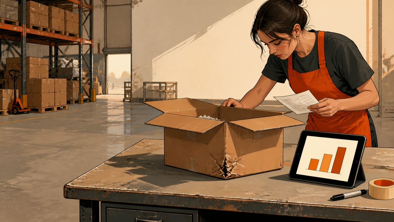 Editorial illustration of a returns bench at the end of a warehouse shift, with a crushed carton, a tablet showing three rising bars, and a worker checking a packing slip.