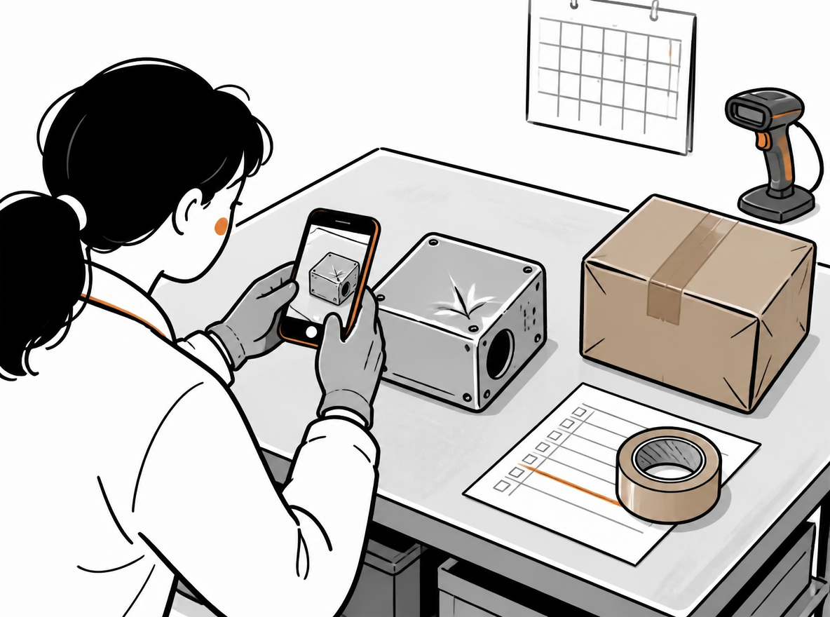 Editorial illustration of a returns inspection station from above, with a gloved worker photographing a dented housing beside a returned carton and an RMA sheet.
