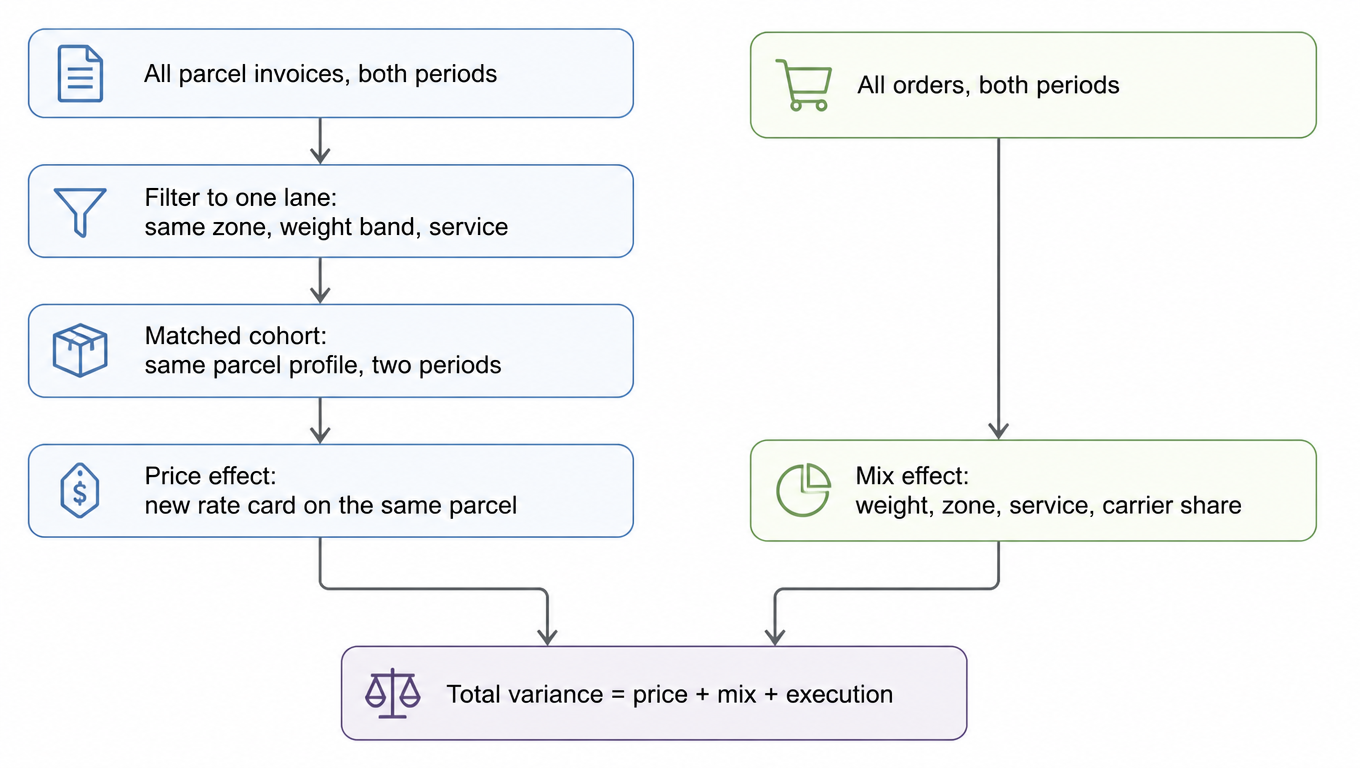 Flowchart: all parcel invoices for both periods → filter to one lane (same zone, weight band, service) → matched cohort → price effect; and all orders → mix effect; both feed total variance = price + mix + execution