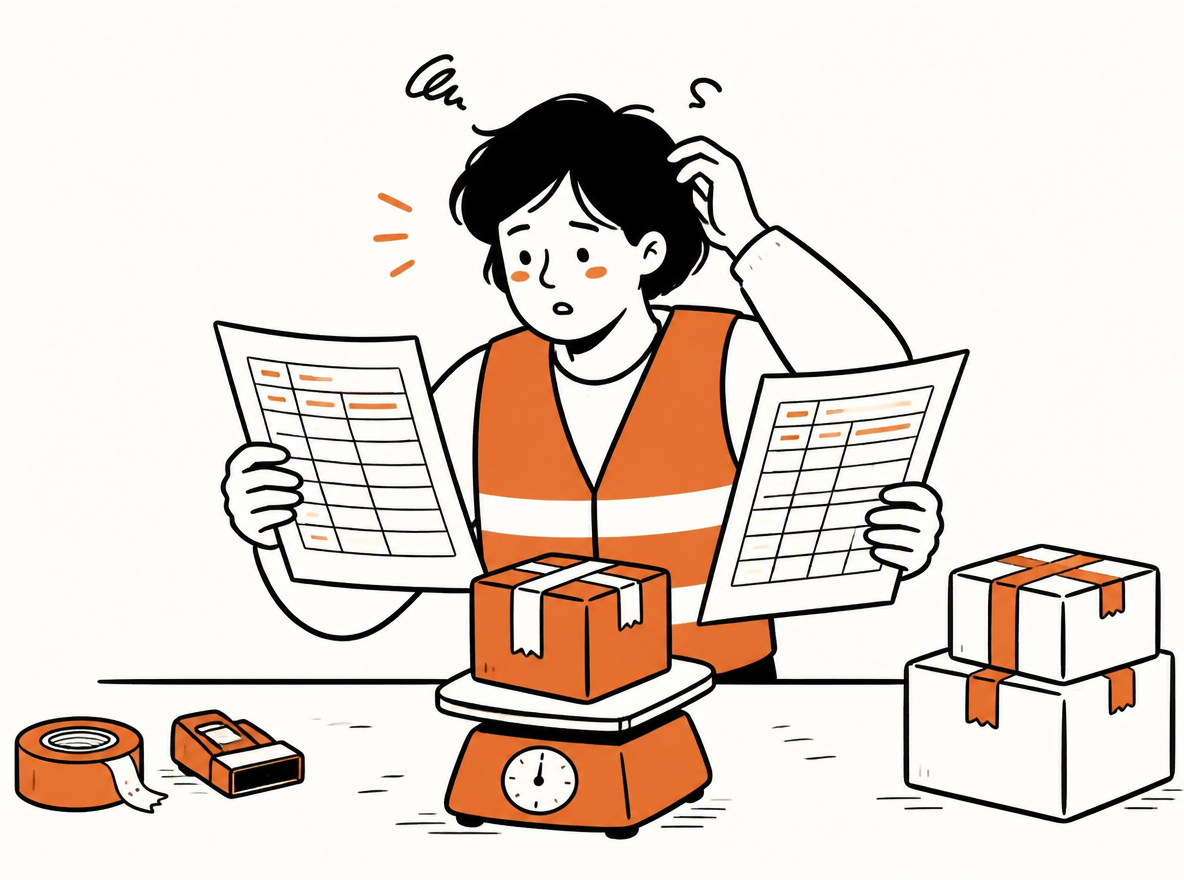 Warehouse operator compares two quotations beside a parcel on a scale.