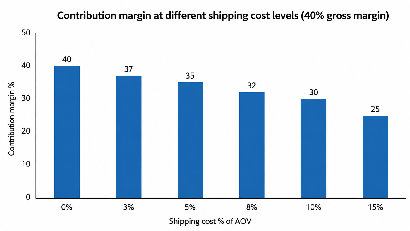 Bar chart of contribution margin at shipping cost levels from 0% to 15% of AOV, sliding from 40% to 25% on a 40% gross margin