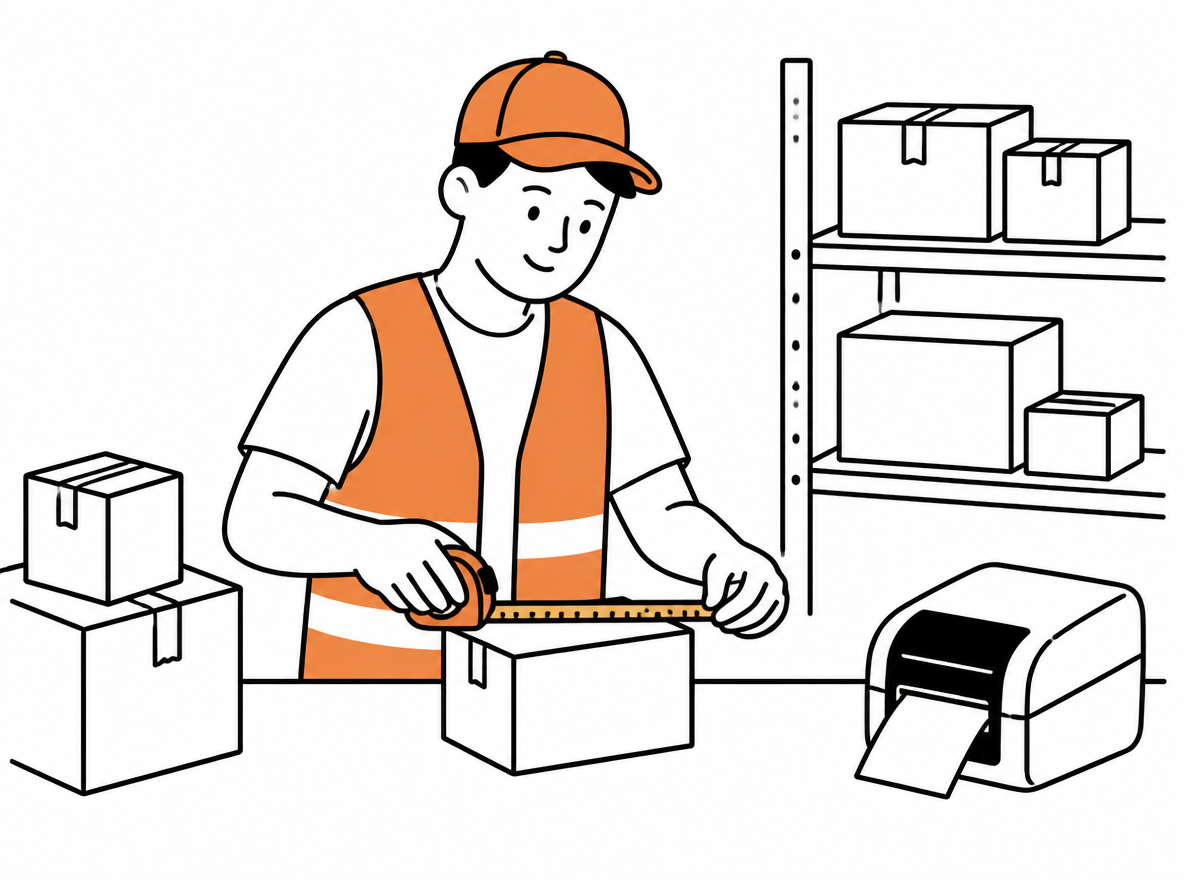 A warehouse worker measuring a small parcel with a tape measure on a packing bench, boxes and a label printer nearby