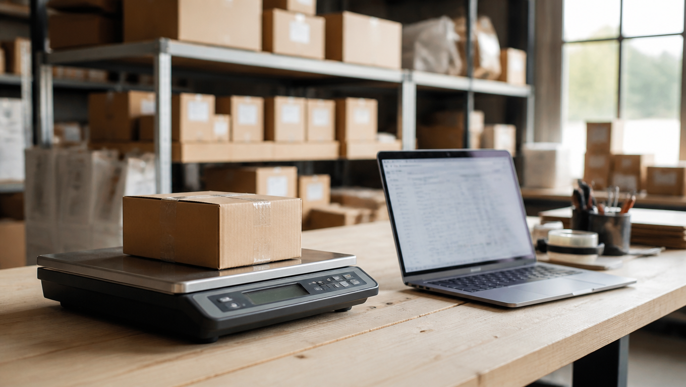 A small cardboard parcel on a warehouse scale beside a laptop showing an order dashboard, soft daylight on a packing bench