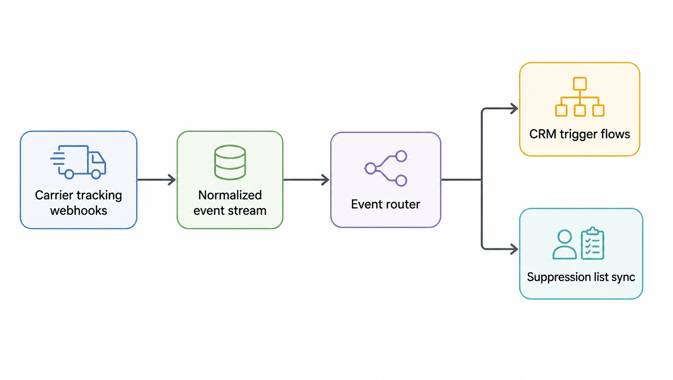 Flowchart: carrier tracking webhooks feed a normalized event stream; an event router splits to CRM trigger flows and suppression list sync