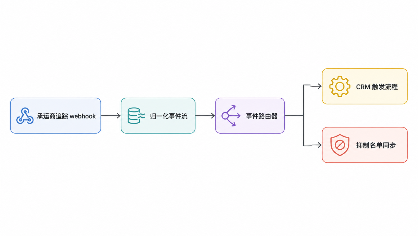 流程图:承运商追踪 webhook 进入归一化事件流,事件路由器分流到 CRM 触发流程与抑制名单同步