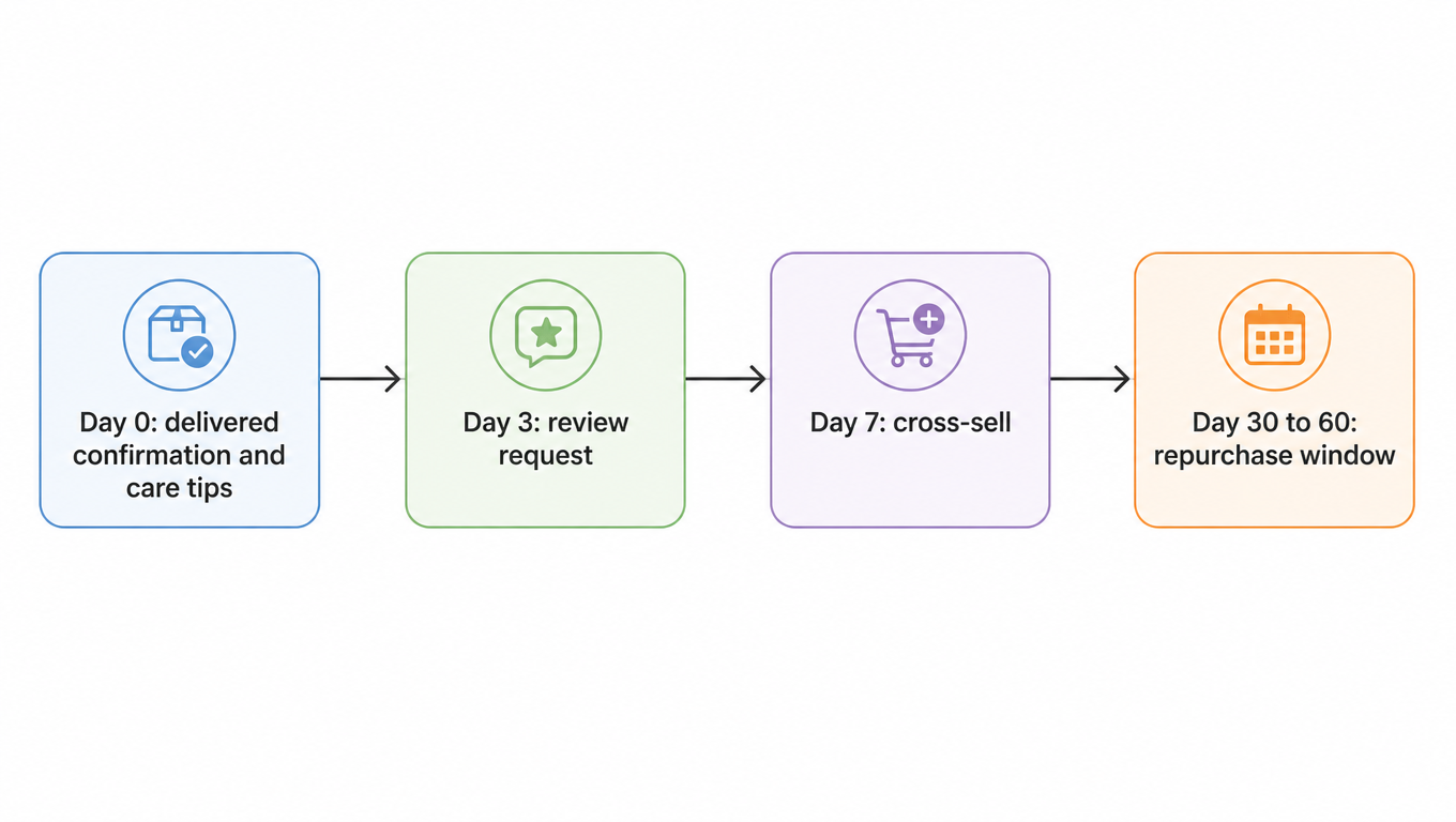 Timeline: day 0 delivered confirmation and care tips, day 3 review request, day 7 cross-sell, day 30 to 60 repurchase window