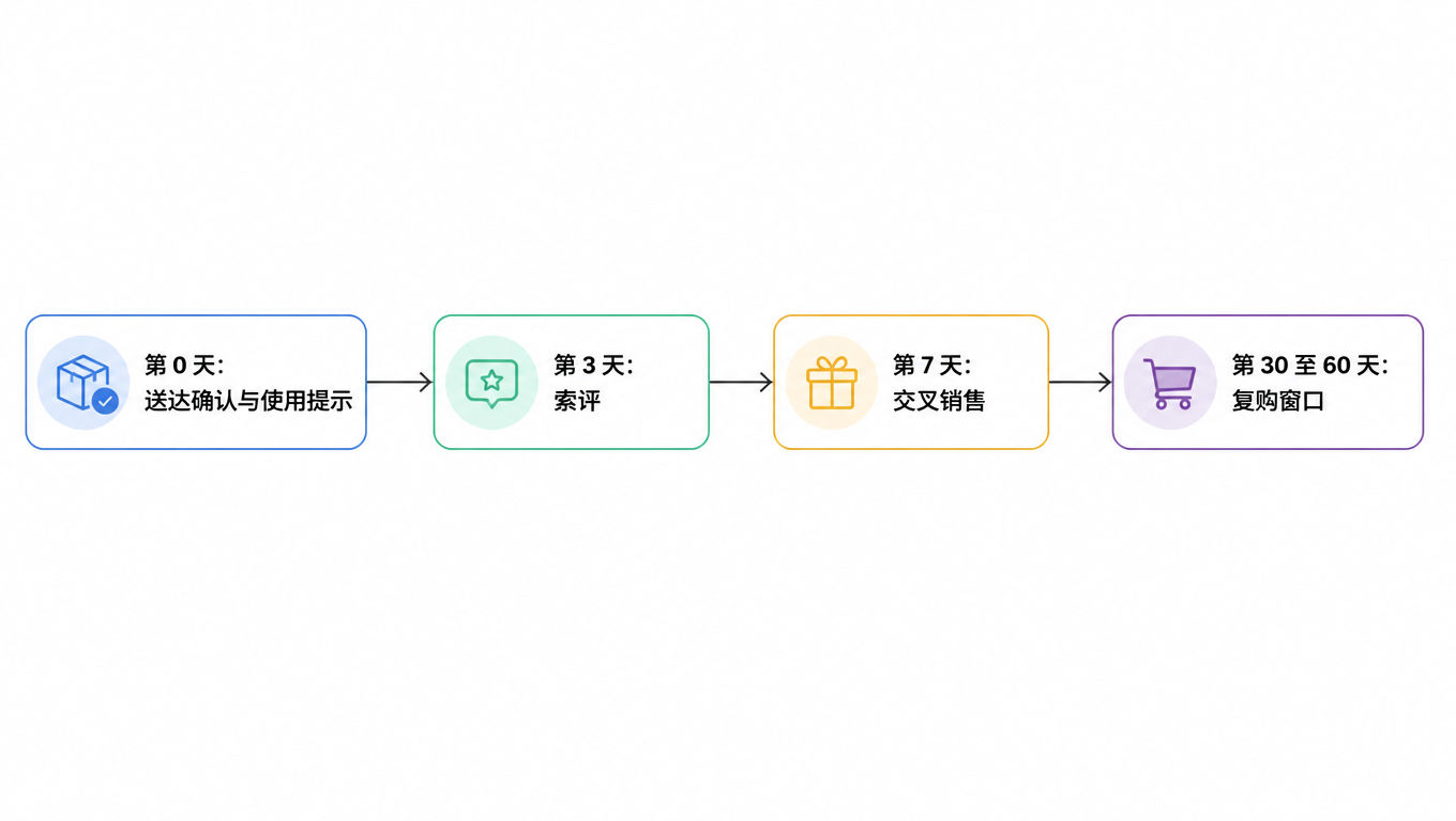 时间轴:第 0 天送达确认与使用提示,第 3 天索评,第 7 天交叉销售,第 30 至 60 天复购窗口