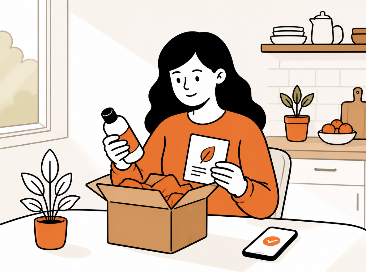 Customer unboxes a product at a kitchen table beside instructions and a delivery notification.