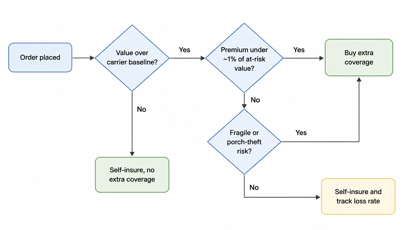 Flowchart of the buy-or-not decision: order placed, is value over the carrier baseline? No means self-insure without extra coverage; yes means check if the premium is under roughly 1% of at-risk value; if yes buy extra coverage, if no check for fragile or porch-theft risk; if yes buy extra coverage, if no self-insure and track loss rate