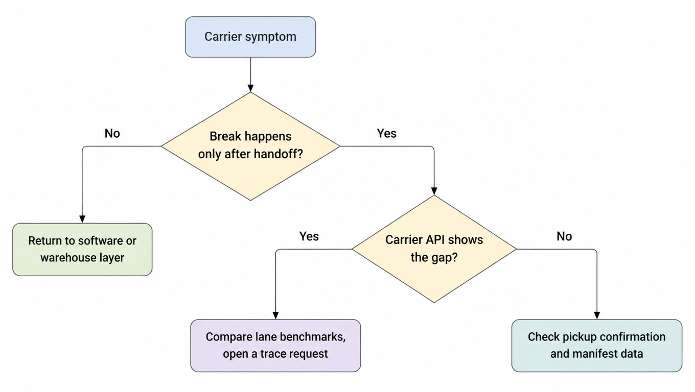 Carrier layer decision tree: if the break happens only after handoff and the carrier API shows the gap, compare lane benchmarks and open a trace; if the API shows no gap, check pickup confirmation and manifest data; if the break starts before handoff, return to the software or warehouse layer