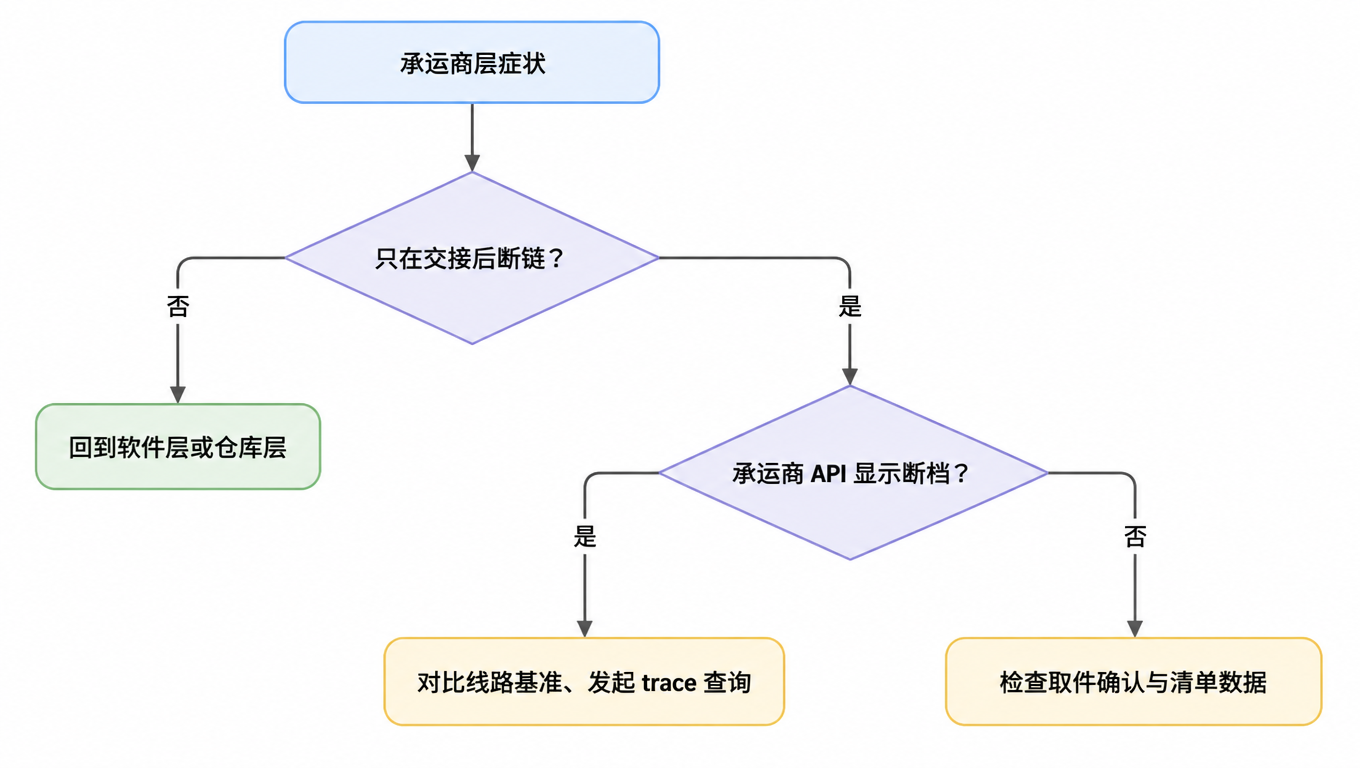 承运商层决策树:只在交接后断链时,承运商 API 显示断档则对比线路基准并发起 trace,无断档则查取件确认与清单数据;交接前就断链则回到软件层或仓库层