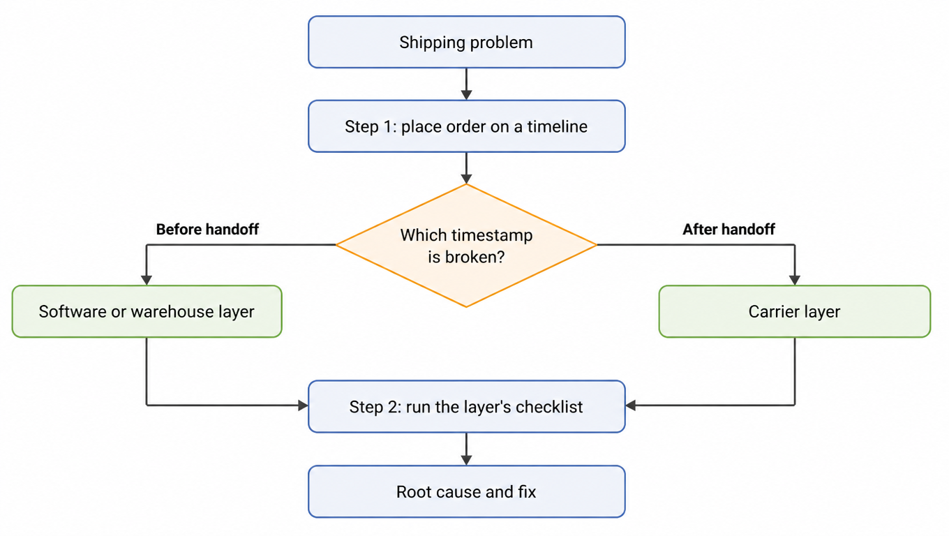 Two-step framework flow: place the order on a timeline, split by whether the broken timestamp is before or after handoff into software/warehouse or carrier, run the layer's checklist, reach root cause and fix