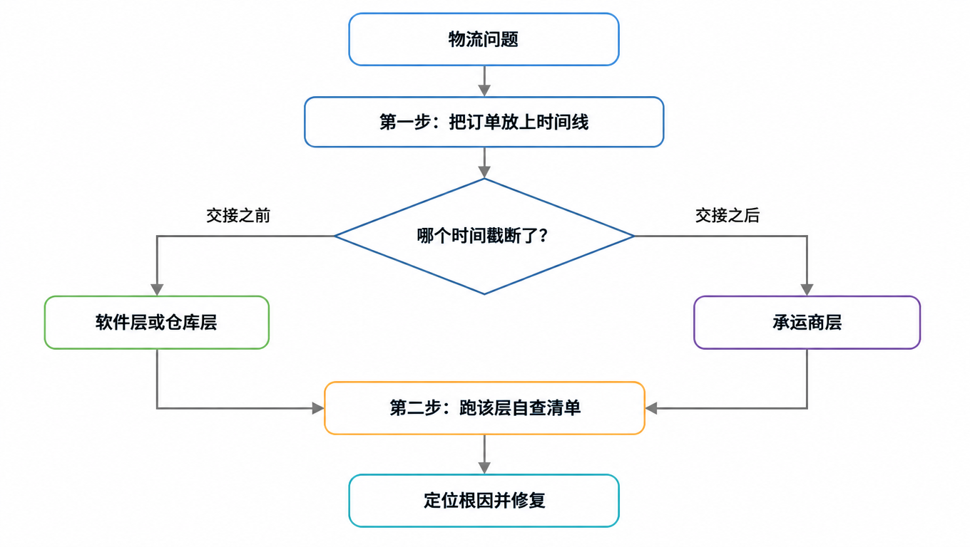 两步框架流程图:物流问题放到时间线上,根据断掉的时间戳在交接前还是交接后,进入软件/仓库层或承运商层,再跑该层自查清单,最终定位根因并修复