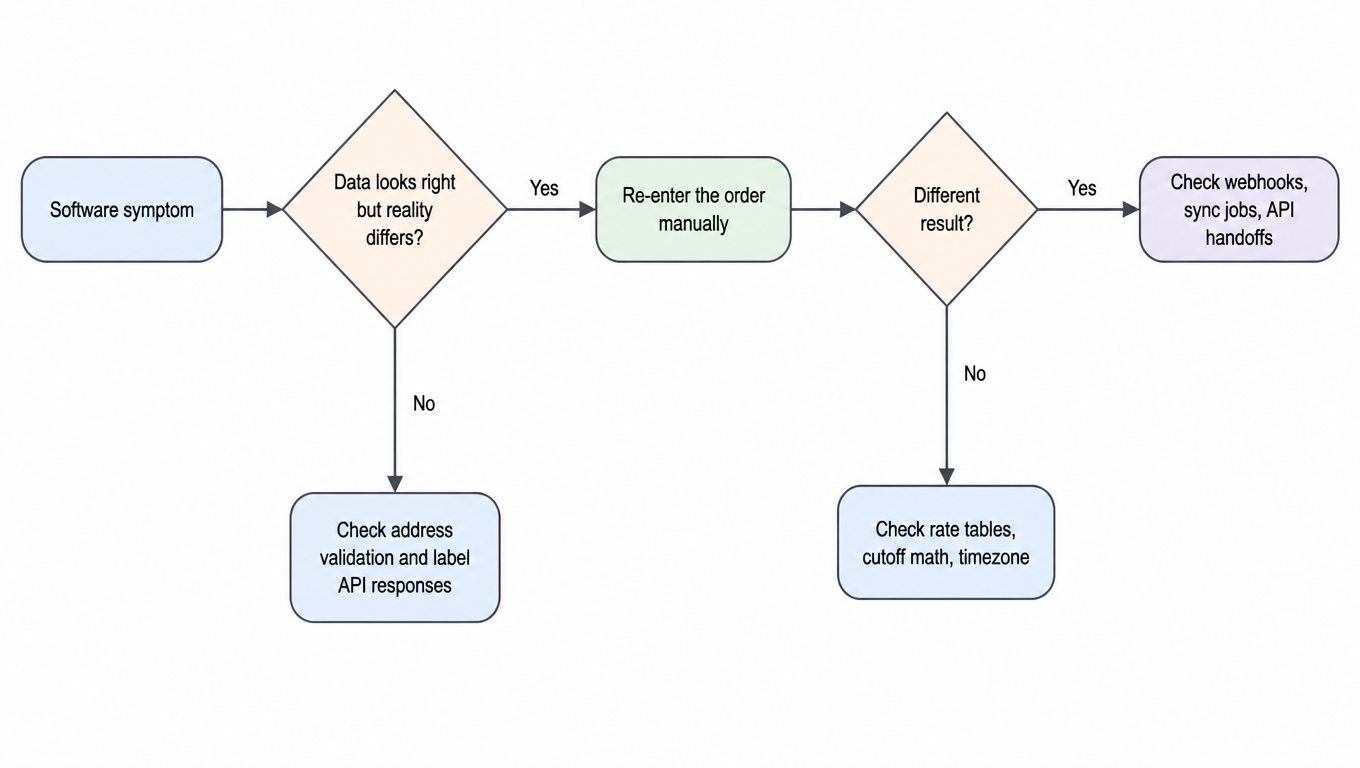 Software layer decision tree: if data looks right but reality differs, re-enter manually; different result means check webhooks and sync jobs, same result means check rate tables, cutoff math, timezone; otherwise check address validation and label API responses