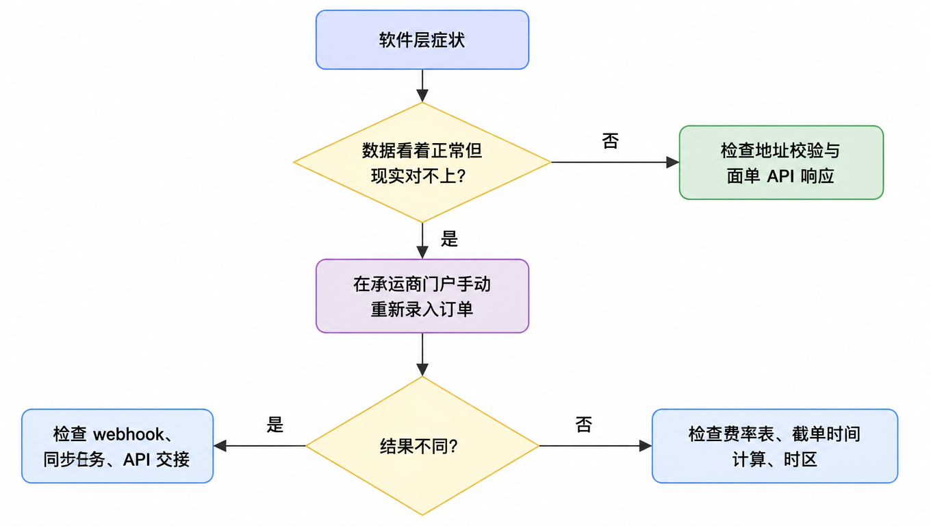 软件层决策树:数据异常但现实正常时手动重录订单,结果不同则查 webhook 与同步,结果相同则查费率表、截单与时区,数据正常则查地址校验与面单 API