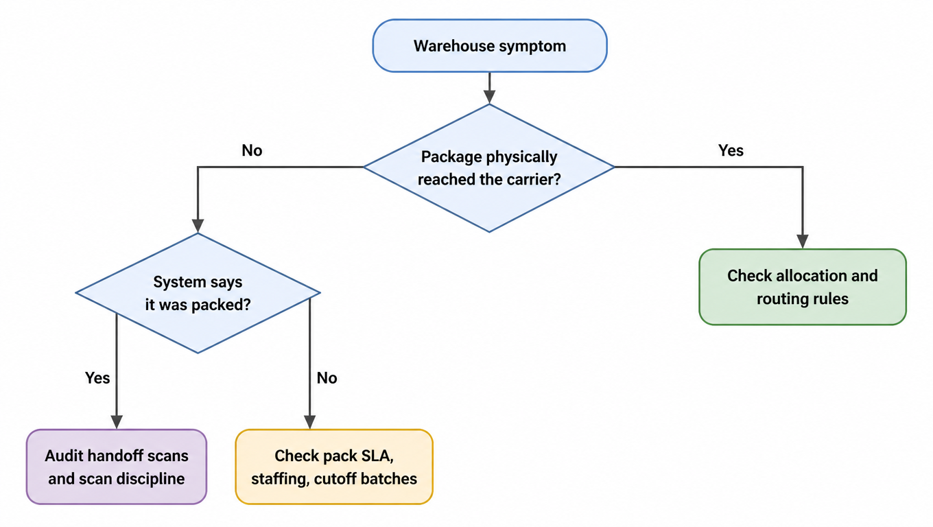 Warehouse layer decision tree: if the package did not physically reach the carrier, audit handoff scans when the system says packed, check pack SLA and staffing when not; if it did reach the carrier, check allocation and routing rules