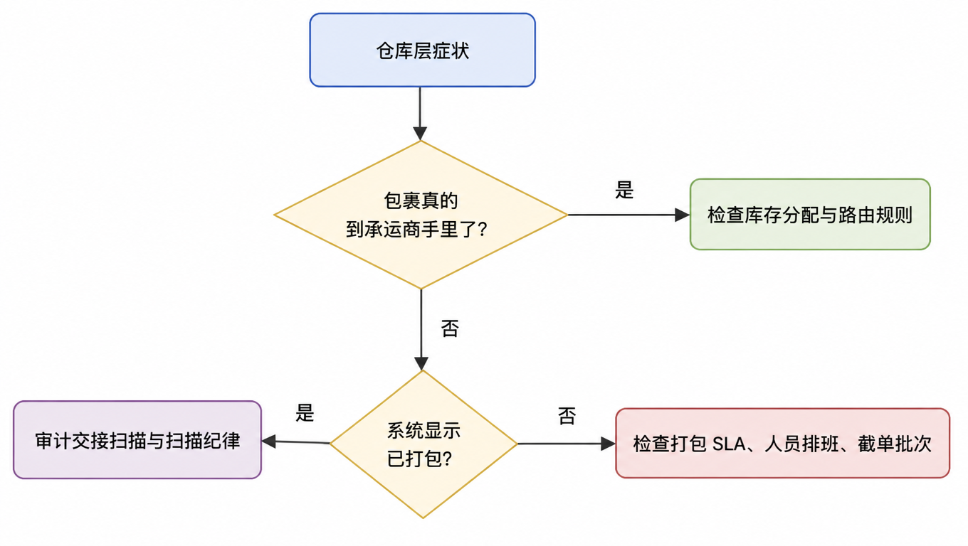 仓库层决策树:包裹没到承运商手里时,系统显示已打包则审计交接扫描,未打包则查打包 SLA 与排班;包裹到了承运商手里则查库存分配与路由规则