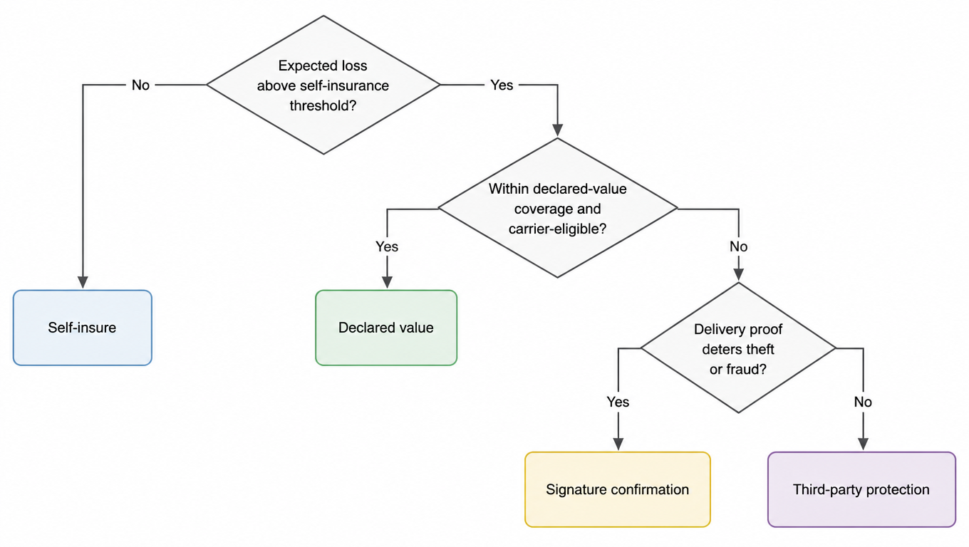 Flowchart: is expected loss above the self-insurance threshold? No to self-insure; yes to is it within declared-value coverage and carrier-eligible? Yes to declared value; no to does delivery proof deter theft or fraud? Yes to signature confirmation; no to third-party protection