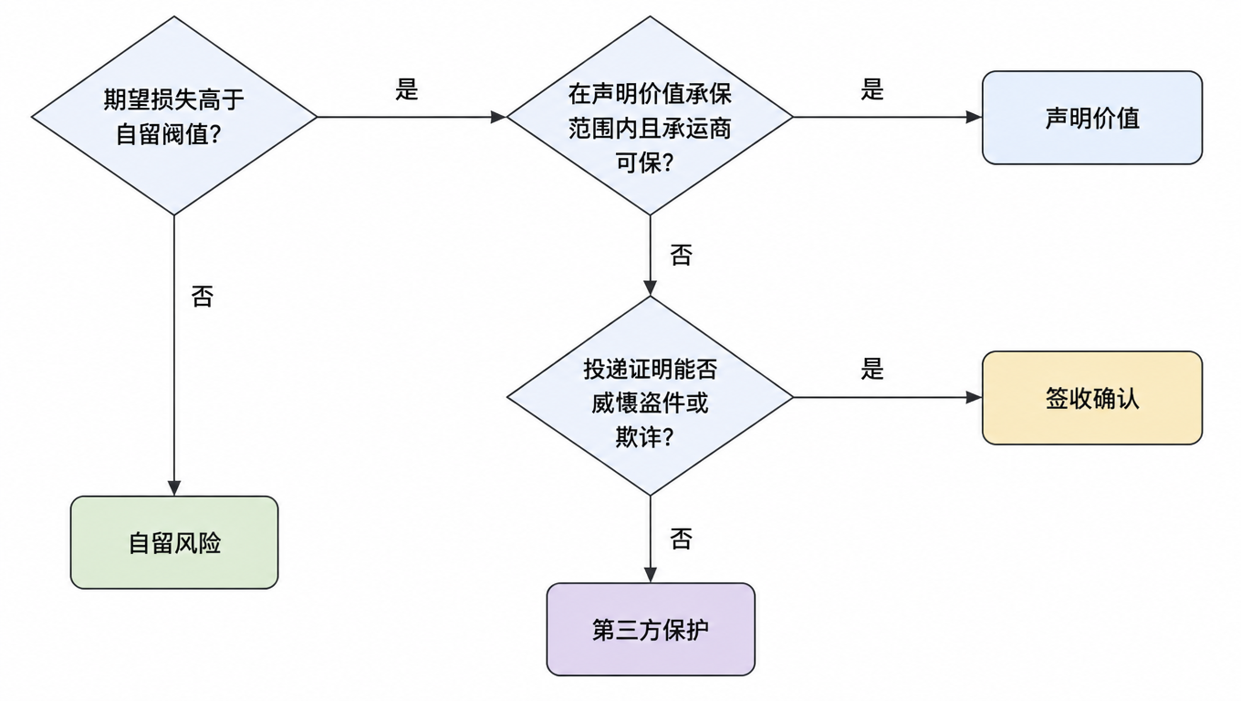 流程图:期望损失高于自留阈值?否→自留风险;是→在声明价值承保范围内且承运商可保?是→声明价值;否→投递证明能否威慑盗件或欺诈?是→签收确认;否→第三方保护