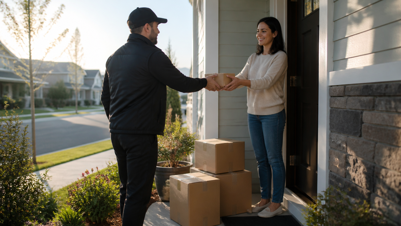 Courier delivers a small parcel to a customer at a suburban home in morning light.