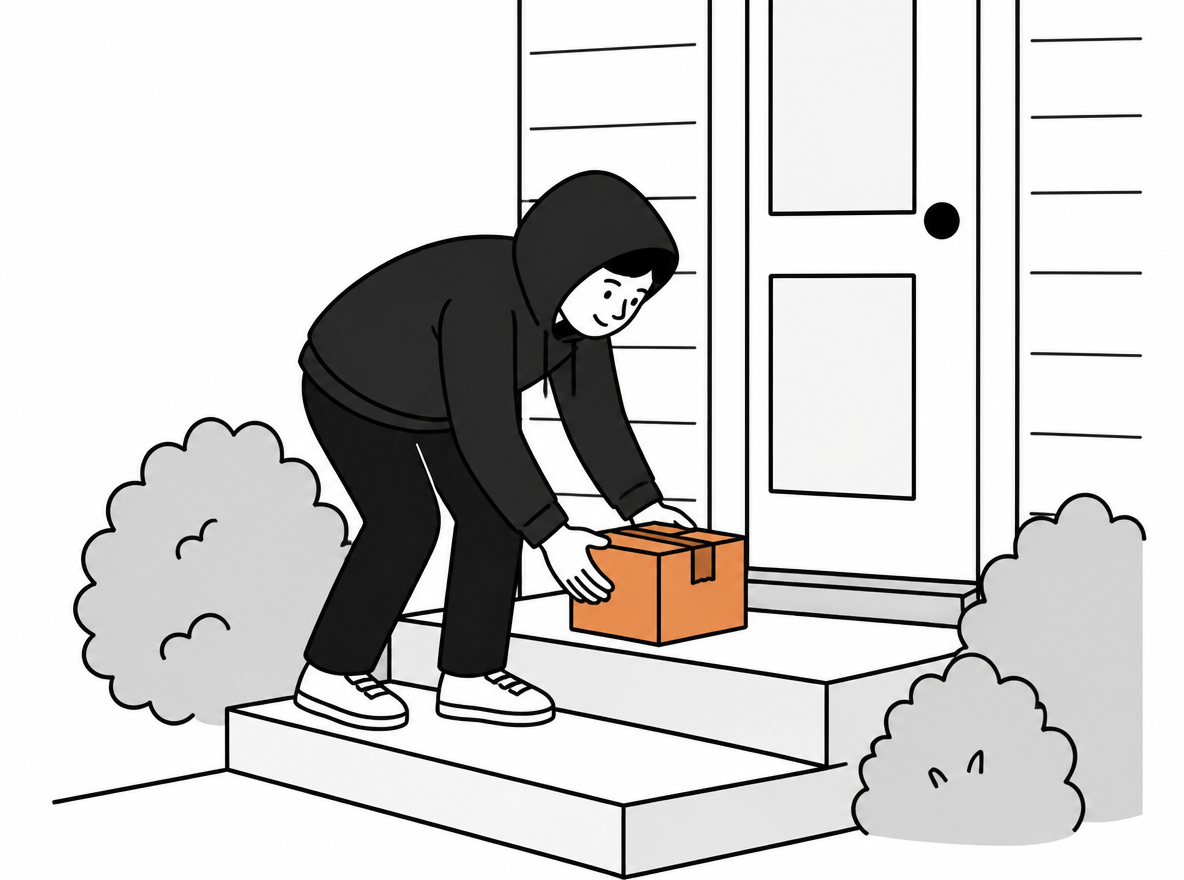 A person picks up a small parcel from an unattended suburban porch.