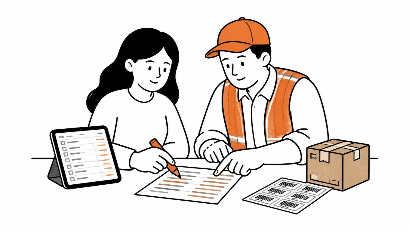 Editorial illustration of a finance and warehouse team comparing a carrier invoice against a parcel record at a shared desk