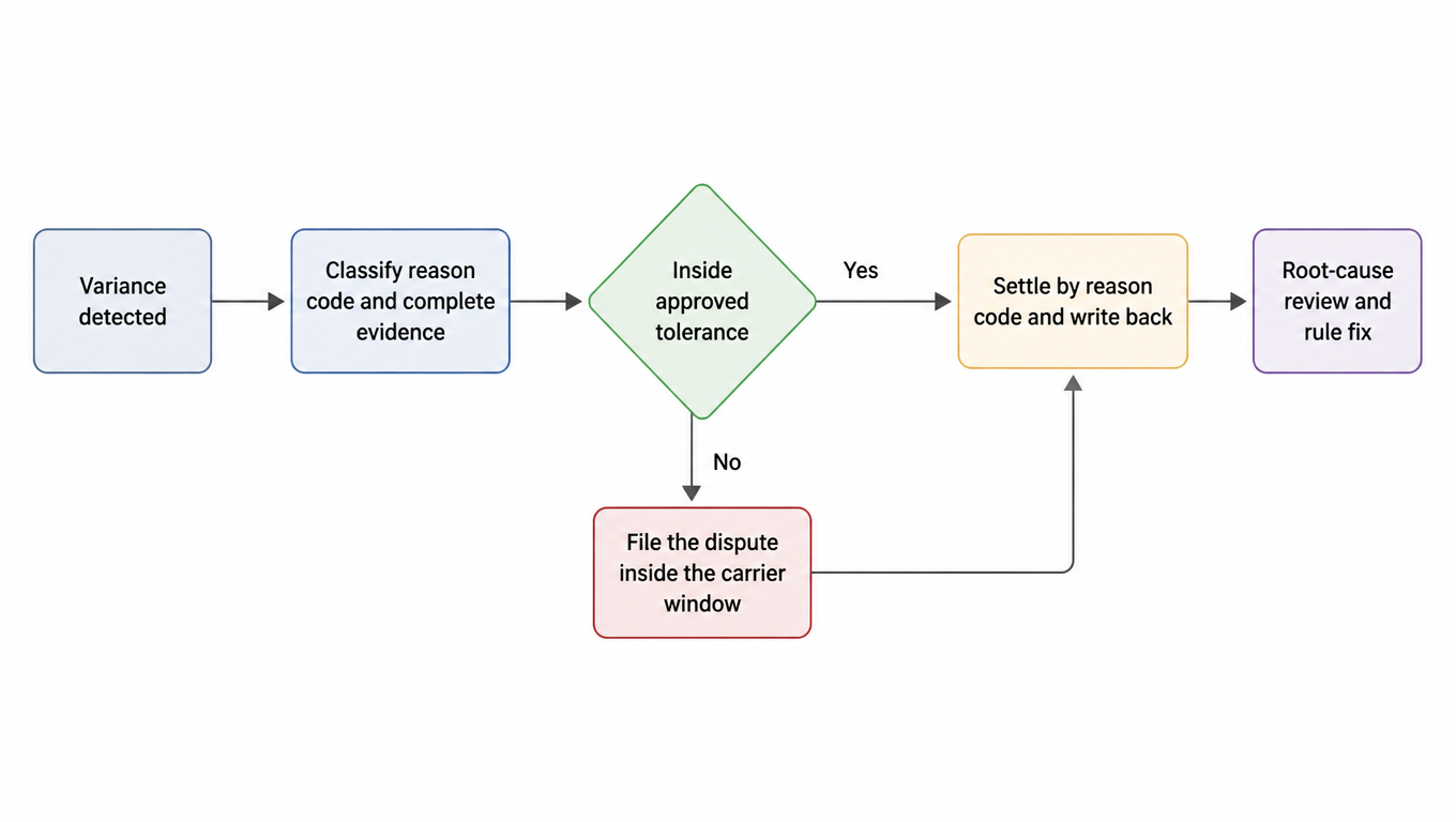 Variance loop diagram: detect the variance, classify the reason code and complete the evidence, decide whether it sits inside the approved tolerance, settle and write back, submit the dispute inside the carrier window, or review root cause and fix the rule