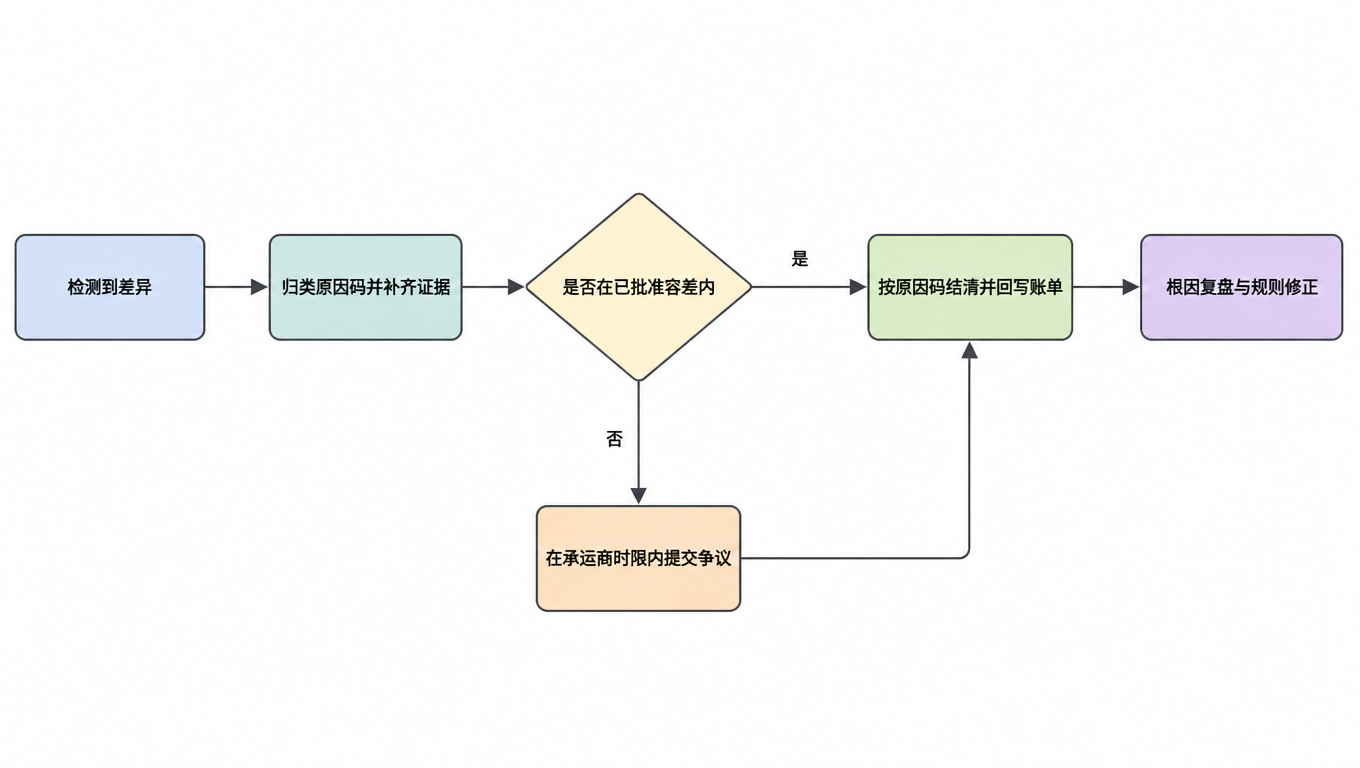 差异闭环流程图：检测到差异、归类原因码并补齐证据、判断是否在已批准容差内、按原因码结清并回写账单、在承运商时限内提交争议、根因复盘与规则修正