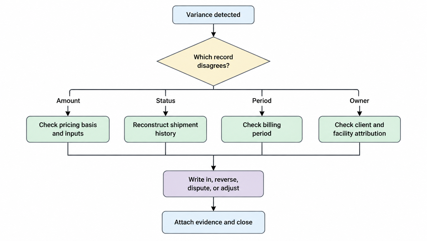 Routing diagram: a variance is first classified by which record disagrees, with amount checking the pricing basis and inputs, status reconstructing shipment history, period checking the billing period, and owner checking client and facility attribution, before write-in, reversal, dispute, or client adjustment and closure