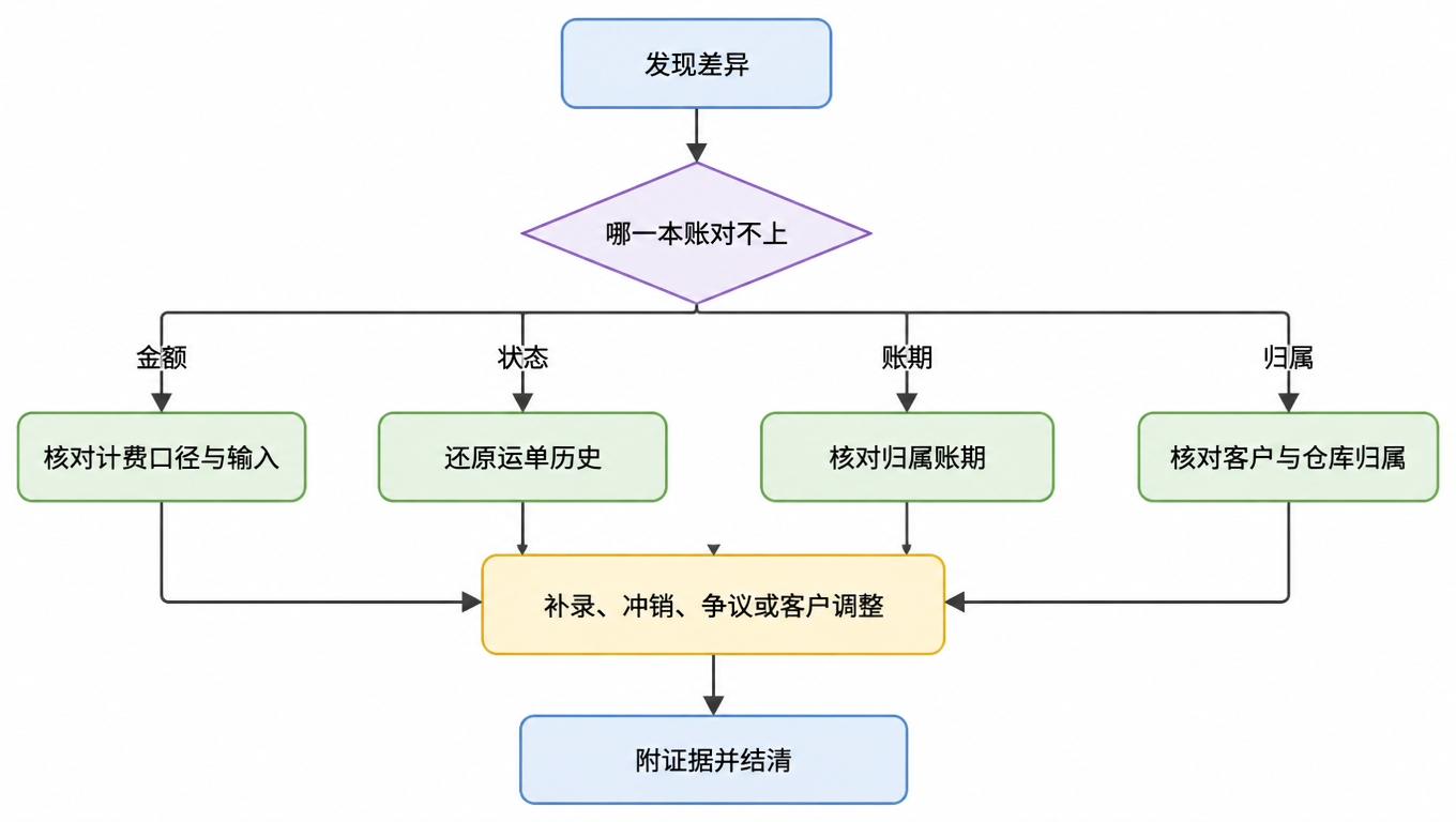 分流图：发现差异后先判断哪一本账对不上，金额差异核对计费口径与输入，状态差异还原运单历史，账期差异核对归属账期，归属差异核对客户与仓库归属，再进入补录、冲销、争议或客户调整并结清