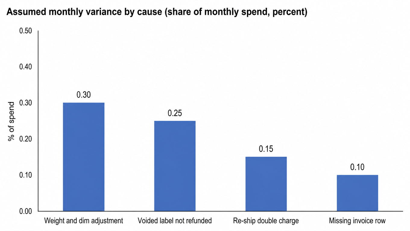 Bar chart of an assumed example: four variance causes as a share of monthly spend, weight and dimension adjustment at 0.30 percent, voided label without a credit at 0.25 percent, re-shipment double charge at 0.15 percent, and missing invoice row at 0.10 percent