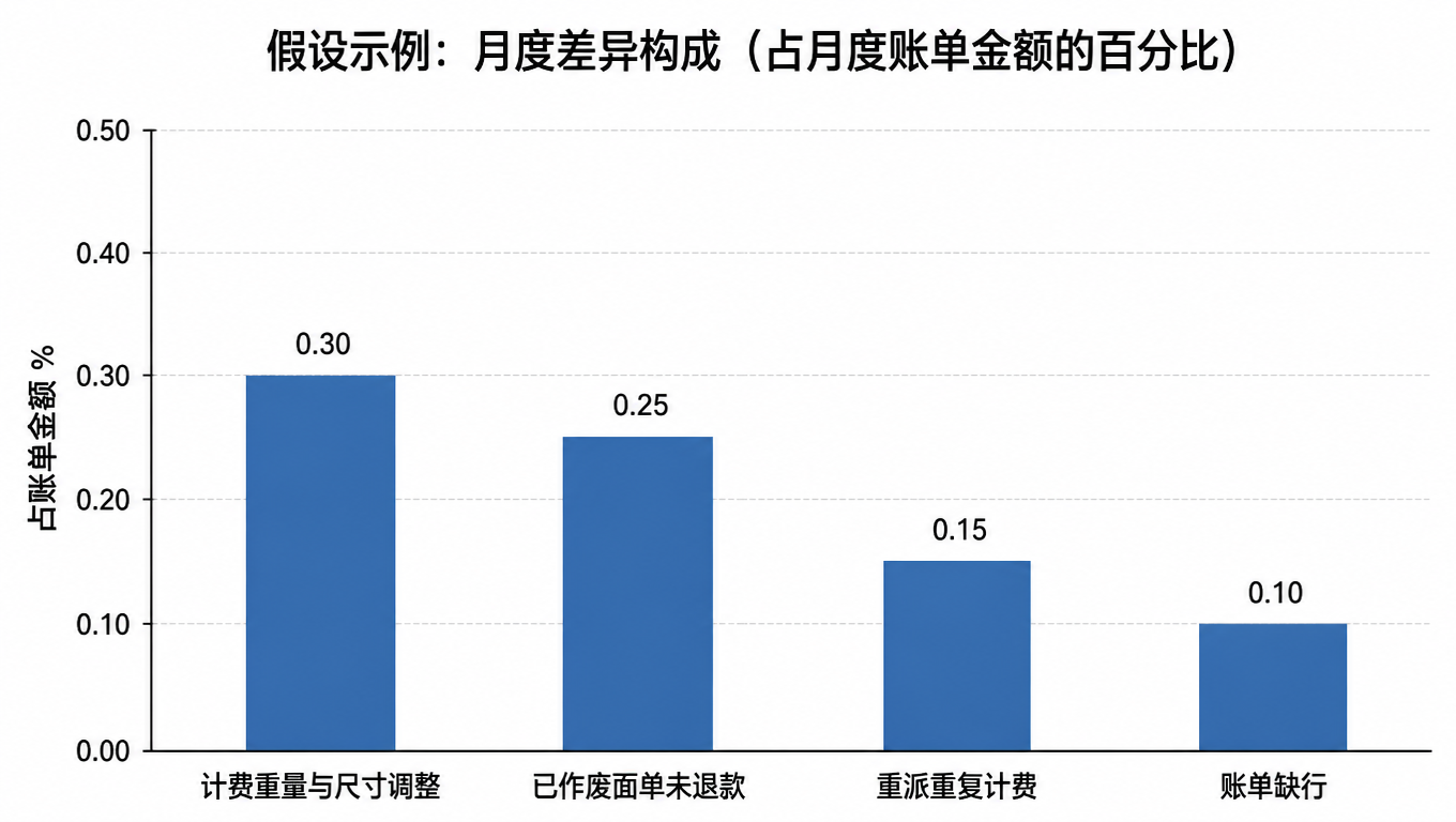 柱状图：假设示例中四类差异占月度账单金额的比例，计费重量与尺寸调整 0.30%，已作废面单未退款 0.25%，重派重复计费 0.15%，账单缺行 0.10%