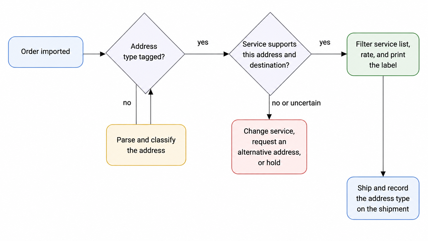 Flowchart: after an order is imported, the system checks whether the address type is tagged, and parses and classifies it if not; once tagged it checks whether the service supports that address and destination, then filters the service list, rates and prints the label, or changes service, requests an alternative address, or holds the order; finally it ships and records the address type on the shipment